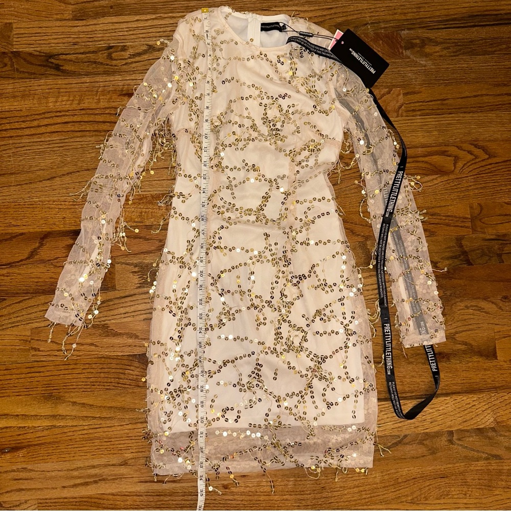 NWT Pretty Little Thing Sz 2 Beaded Sheer Sleeve Party Dress Champagne - Picture 8 of 9
